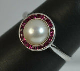 1ct Ruby Pearl Art Deco Solitaire Ring 14k White Gold Finish