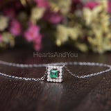 1ct Princess Cut Simulated Green Emerald Halo Pendant Chain 14k WhiteGold Plated