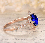 3Ct Cushion Cut Blue Sapphire Vintage Halo Engagement Ring 14K Rose Gold Finish