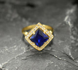 2ct Engagement Ring Princess Cut Blue Sapphire Diamond Halo 14k Yellow Gold Over