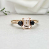 1ct Engagement Ring Emerald Cut Peach Morganite Trilogy 14k Yellow Gold Finish