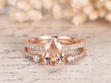 1ct Pear Cut Champagne Morganite Bridal Set Engagement Ring 14k Rose Gold Finish