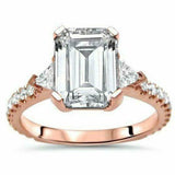 3.5ct Emerald Diamond Engagement Ring 14K Rose Gold Over Trillion Round Accent
