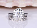 Floral Bridal Set Engagement Ring 1.9ct Round Cut Diamond 18k White Gold Finish