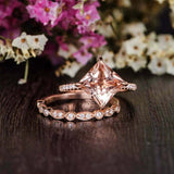 2ct Princess Cut Morganite Milgrain Bridal Set Engagement Ring 14k RoseGold Over