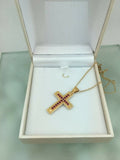 1ct Round Cut Pink Ruby Pendant with Chain Milgrain Cross 14k Yellow Gold Finish
