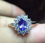 2.35ct Engagement Ring Oval Cut Blue Tanzanite Floral Halo 14k White Gold Finish