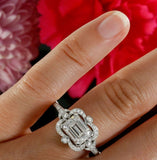 2ct Emerald Cut Diamond Vintage Halo Women Engagement Ring 14k White Gold Finish