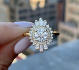 2.2ct Round Cut Moissanite Sunburst Halo Engagement Ring 14K Yellow Gold Plated