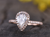 1ct Engagement Ring Pear Cut Diamond Solitaire Halo Design 14k Rose Gold Finish