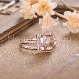 2ct Emerald Cut Simulated Peach Morganite Halo Bridal Set 14k Rose Gold Plated