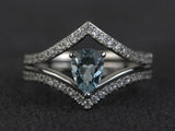 2.3ct Engagement Ring Pear Cut Aquamarine Curved Bridal Set 14k WhiteGold Finish