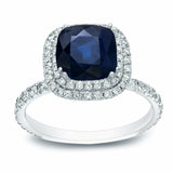 4Ct Cushion Cut Sapphire Dual Diamond Halo Engagement Ring 14K White Gold Finish