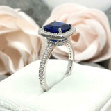 2.4ct Cushion Cut Blue Sapphire Round Diamond Halo Ring 14k White Gold Finish