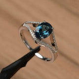 2.2ct Engagement Ring Oval Cut London Blue Topaz Split Shank 14k White Gold Over