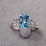 2.4ct Engagement Ring Oval Cut Blue Topaz Split Shank 14k White Gold Finish