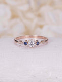 1ct Round Diamond Engagement Ring Sapphire Accents Trilogy 14k Rose Gold Finish
