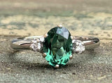2.1ct Engagement Ring Oval Cut Green Emerald Three Stone 14k White Gold Finish
