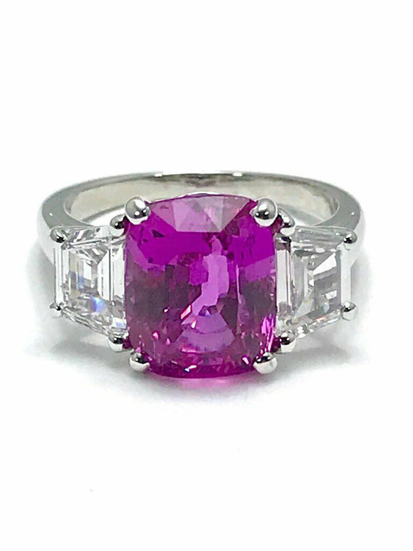 2.5ct Cushion Cut Pink Sapphire Engagement Ring Trilogy 14k White Gold Finish