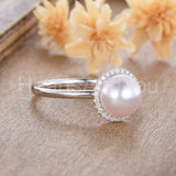 0.4ct Round Simulated Diamond Pearl Halo Minimalist Ring 14k White Gold Plated