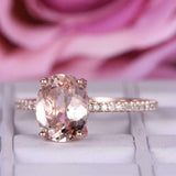 1.8ct Oval Peach Morganite Engagement Ring Dual Hidden Halo 14k Rose Gold Finish