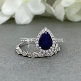 1.6ct Pear Cut Blue Sapphire Halo Bridal Set Engagement Ring 14k White Gold Over