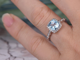 2.2ct Cushion Cut Blue Aquamarine Engagement Ring Halo 14k White Gold Finish