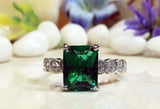 2.1ct Radiant Cut Green Emerald Round Diamond Accent Ring 14k White Gold Finish