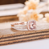 2ct Cushion Cut Simulated Peach Morganite Halo Bridal Set 14k Rose Gold Plated