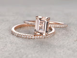 2ct Emerald Cut Morganite Bridal Wedding Set Engagement 14k Rose Gold Finish