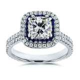4.5ct Cushion Cut Diamond Sapphire Dual Halo Engagement Ring 14K White Gold Over
