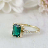 2.3ct Engagement Ring Green Emerald Cut Diamond Round Accent 14k YellowGold Over