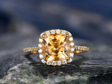 2.4ct Cushion Cut Yellow Citrine Engagement Ring Halo 14k Yellow Gold Finish