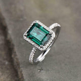 2.23ct Green Emerald Cut Round Accent Halo Engagement Ring 14k White Gold Finish