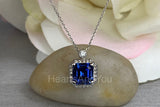 1ct Asscher Cut Simulated Blue Sapphire Halo Pendant Chain 14k White Gold Plated