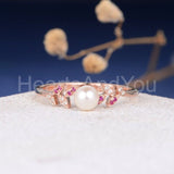 0.1ct Round Simulated Dainty Leave Vine Pearl Engagement Ring Yellow Gold Plated