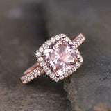2ct Engagement Ring Cushion Cut Morganite Round Accents Halo 14k Rose Gold Over