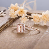 2ct Emerald Cut Simulated Peach Morganite Halo Bridal Set 14k Rose Gold Plated