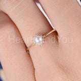 0.5ct Round Cut Simulated Diamond Dainty Halo Pearl Ring 14k Yellow Gold Plated