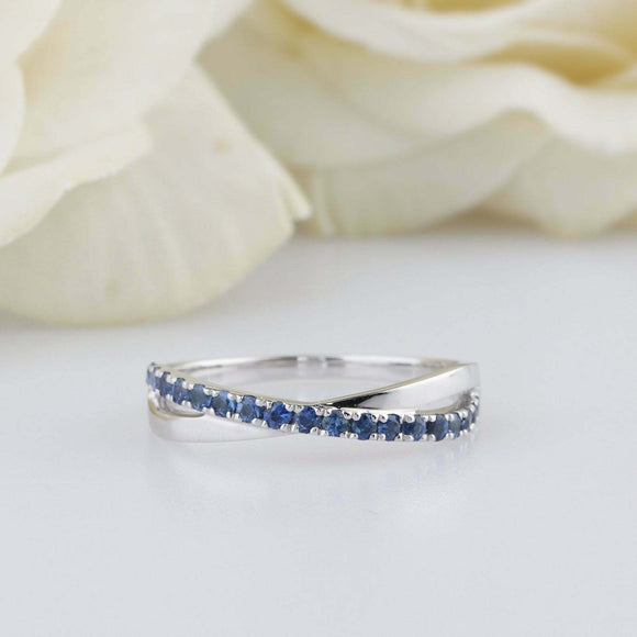 1ct Round Cut Blue Sapphire Engagement Ring Cross Infinity 14k White Gold Finish