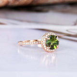 1.5ct Round Cut Green Peridot Engagement Ring Diamond Halo 14k Rose Gold Finish