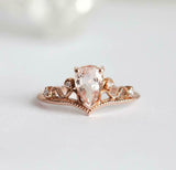 1.5ct Pear Cut Peach Morganite Crown Tiara Bridal Set Ring 14k Rose Gold Finish