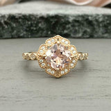2ct Engagement Ring Cushion Cut Morganite Halo Milgrain 14k Yellow Gold Finish