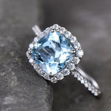 2.2ct Engagement Ring Cushion Cut Blue Topaz Diamond Halo 14k White Gold Finish