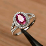 2.4ct Oval Cut Pink Ruby Halo Split Shank Engagement Ring 14k White Gold Finish