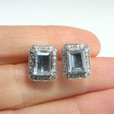 2.2ct Emerald Cut Blue Aquamarine Diamond Halo Stud Earrings 14k White Gold Over