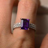 2.2ct Engagement Ring Emerald Cut Amethyst Bridal Set Band 14k White Gold Finish