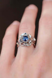 1ct Round Blue Sapphire Engagement Ring Flower Leaf Solitaire 14k WhiteGold Over