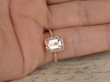 1.6ct Emerald Cut Peach Morganite Halo Diamond Accents Ring 14k Rose Gold Finish
