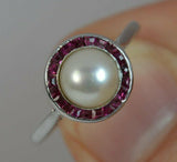 1ct Ruby Pearl Art Deco Solitaire Ring 14k White Gold Finish